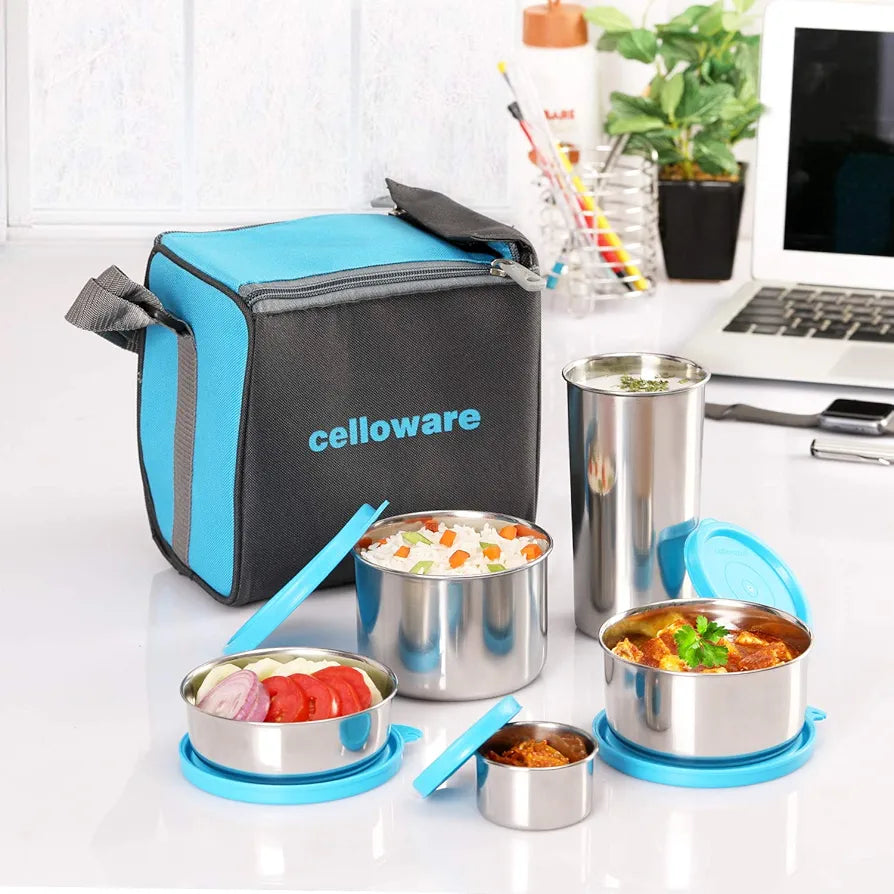CELLO Steelox Stainless Steel Lunch Box Set of 5 with Bag , Blue | Tiffin Box with Jacket | Leakproof | Ideal for Office, School, College